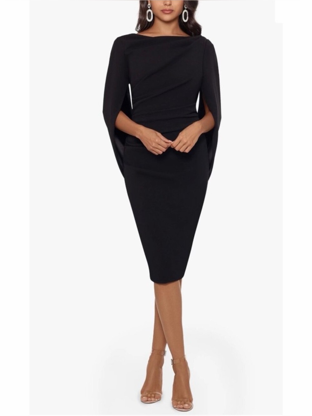Betsy & Adam Navy Midi Dress with Draped Cape Sleeves